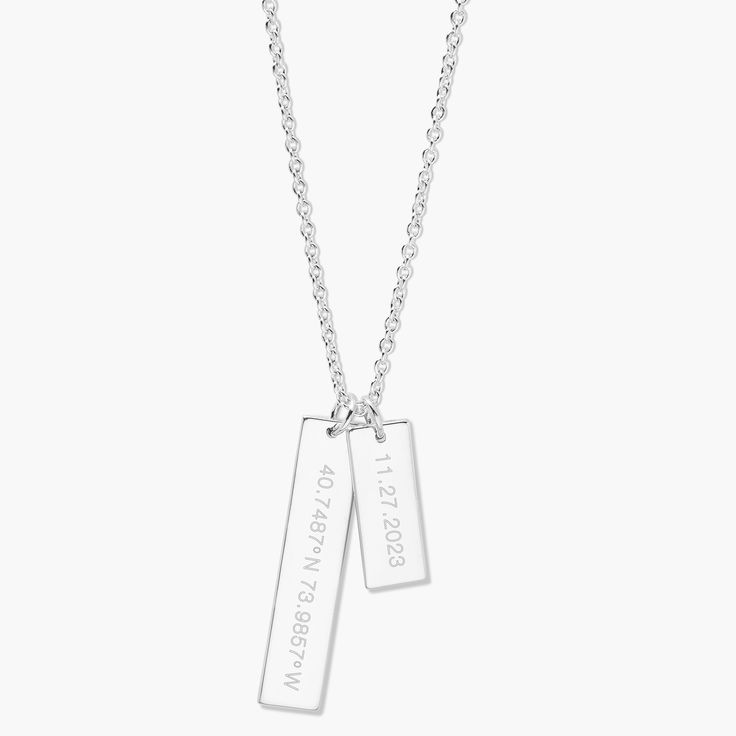 Show off your special memories and milestones with this beautiful Coordinate Date Bar Necklace. Handcrafted in golden tones, this sophisticated piece of jewelry is the perfect way to keep your treasured memories close to your heart. Surprise your loved one with this meaningful and lasting gift. Available in 14k gold plated, rhodium plated or 14k rose gold plated brass Large Bar: 1/4" by 1 1/4"; Small Bar: 1/4" by 3/4" 16" cable chain with 2" extender Lobster claw closure With engraving this item Classic Charm Necklace For Anniversary, White Gold Necklaces With Hallmarks For Anniversary Gift, Mother's Day Anniversary Jewelry With Rectangular Pendant, Rectangular Pendant Jewelry For Anniversary And Mother's Day, Classic Rectangular Pendant Jewelry For Anniversary, Anniversary And Mother's Day Rectangular Pendant Jewelry, Classic Anniversary Necklaces With Engraving Option, Sterling Silver Jewelry With Engraved Text For Keepsake, Rectangular Sterling Silver Necklace With Engraved Text