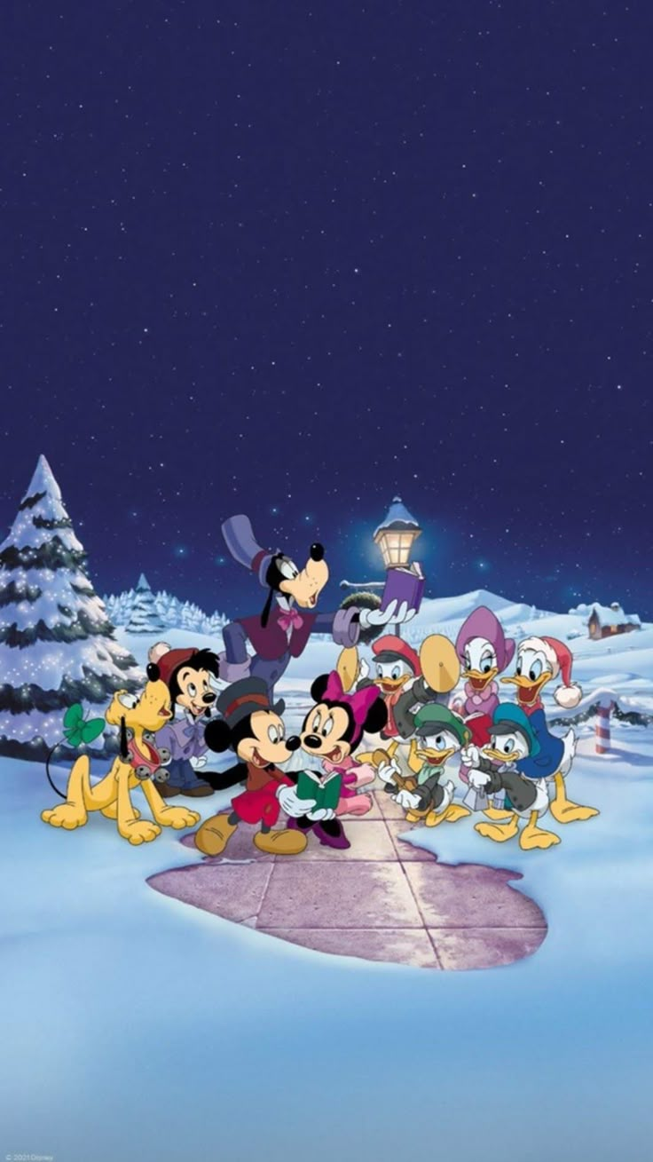 mickey mouse and friends in the snow at night