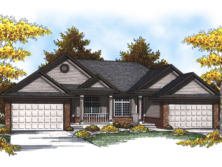 this is an artist's rendering of the front elevation of these ranch house plans