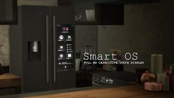 an image of a kitchen setting with the smart os logo on the door and appliance in the background