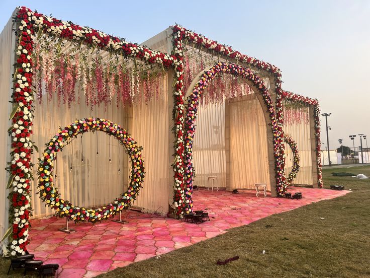 a decorated stage set up for a wedding