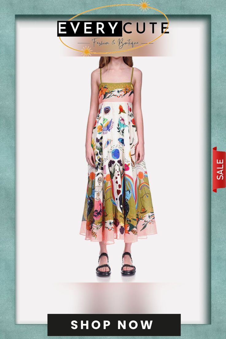 Chic Positioning Painting Printed Slip Dress Summer A-line Silk Midi Dress, A-line Silk Midi Dress For Summer, Silk Summer Dress For Day Out, Spring Printed Silk Maxi Dress, Spring Silk Maxi Dress With Print, Printed Silk Maxi Dress For Spring, Summer Printed Sundress For Daywear, Spring Silk Printed Maxi Dress, Spring Daytime Printed Dresses