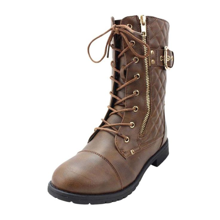 These Combat Boots Bring An Exciting Edge To Everything From Skirts To Jeans. These Lace-Up Combat Boots Have A Side Zipper For Easy On And Off As Well As Decorative Buckle Accents.Boot Measures 9 Inches From Bottom Of Heel To Highest Point. Heel Measures 1 Inch. Product Measurements Taken Using A Ladies Size 7. Please Note That Measurements May Vary By Size Accordingly. These Fashionable, Vegan Faux Leather, Calf High Boots Have A Quilted Design On The Back Panel With An Adjustable Belt Buckle On The Side. The Rounded, Closed Toe And Lace-Up Front Gives A Rugged Look To These Stylish Motorcycle Combat Boots. The Full Length Side Zipper Makes Putting On And Taking Off Quick And Easy. Man Ma Brown Motorcycle Boots, Brown Buckle Boots, Brown Footwear, Army Combat Boots, Brown Motorcycle, Brown High Boots, Tall Lace Up Boots, Short Brown Boots, Ankle Combat Boots