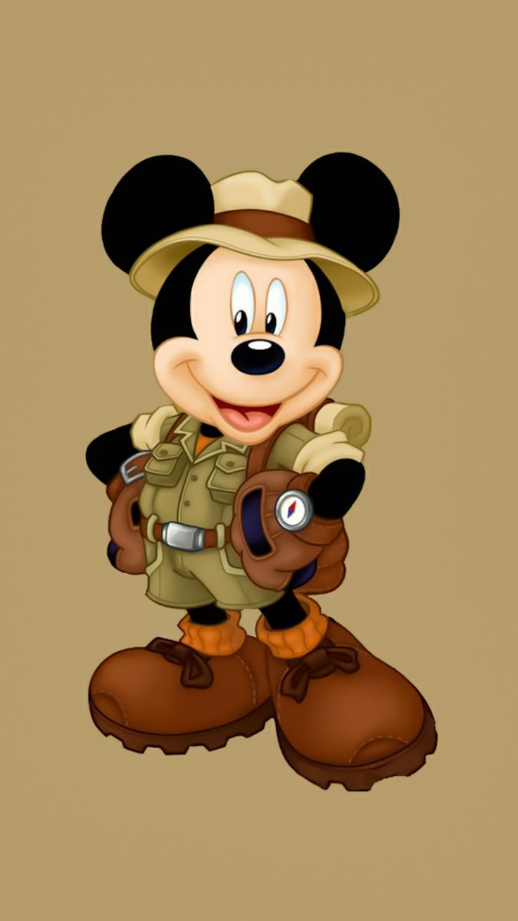 a cartoon mickey mouse with a backpack and hat on his head, standing in front of a brown background