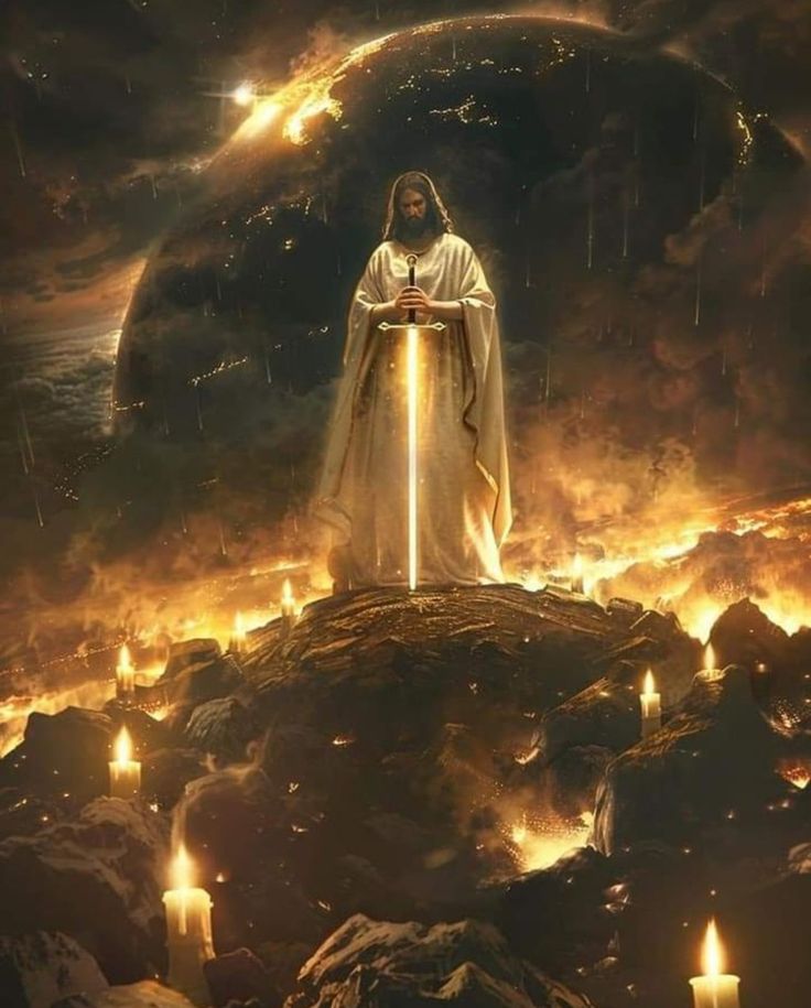 jesus standing on top of a hill surrounded by lit candles in front of a dark sky