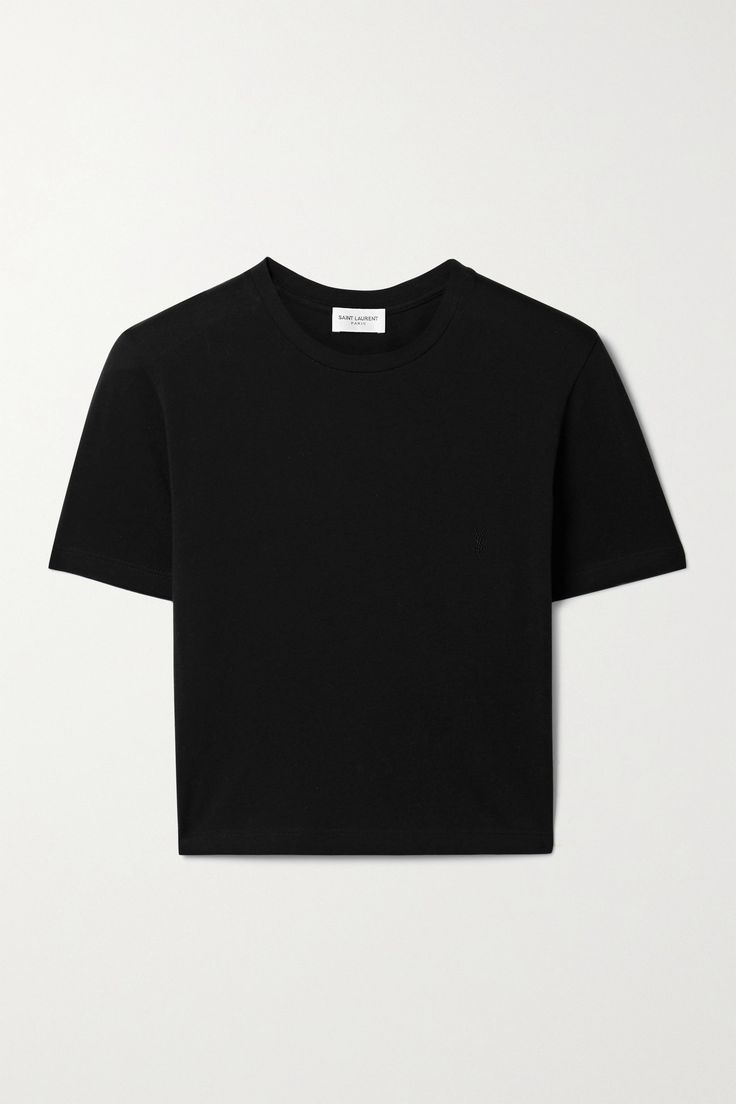 SAINT LAURENT's T-shirt is embroidered with a small 'YSL' logo at the chest - the tonal threads keep it understated. Cut from soft cotton-jersey, it has a slightly loose fit and falls to a cropped hem. Complement it with a pair of high-rise jeans. Ysl Clothes, Ysl Shirt, Saint Laurent Clothes, Saint Laurent Shirt, Cropped T Shirt, Plain Shirts, Black Crop, Black Tshirt, Black Cotton