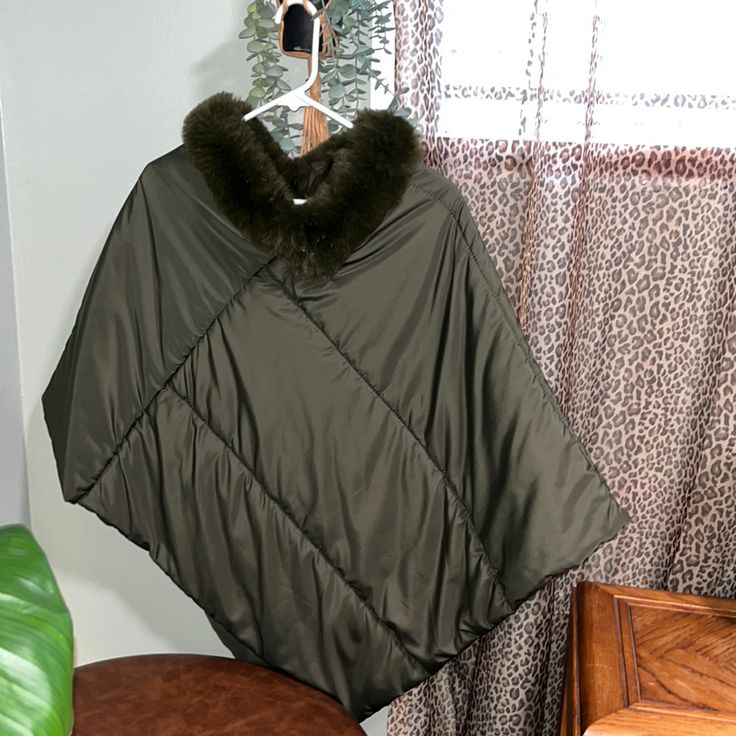 Adorable Winter Poncho! Made Of A Down Material And Featuring A Fuzzy Collar- This Will Elevate Any Outfit Brand New W/O Tags Forest Green One Size Cape For Cold Weather, One Size Green Winter Outerwear, Green One Size Winter Outerwear, One Size Green Outerwear For Winter, Green Winter Cape Outerwear, Winter Solid Outerwear With Batwing Sleeves, Winter Poncho, Do Everything In Love, Do Everything