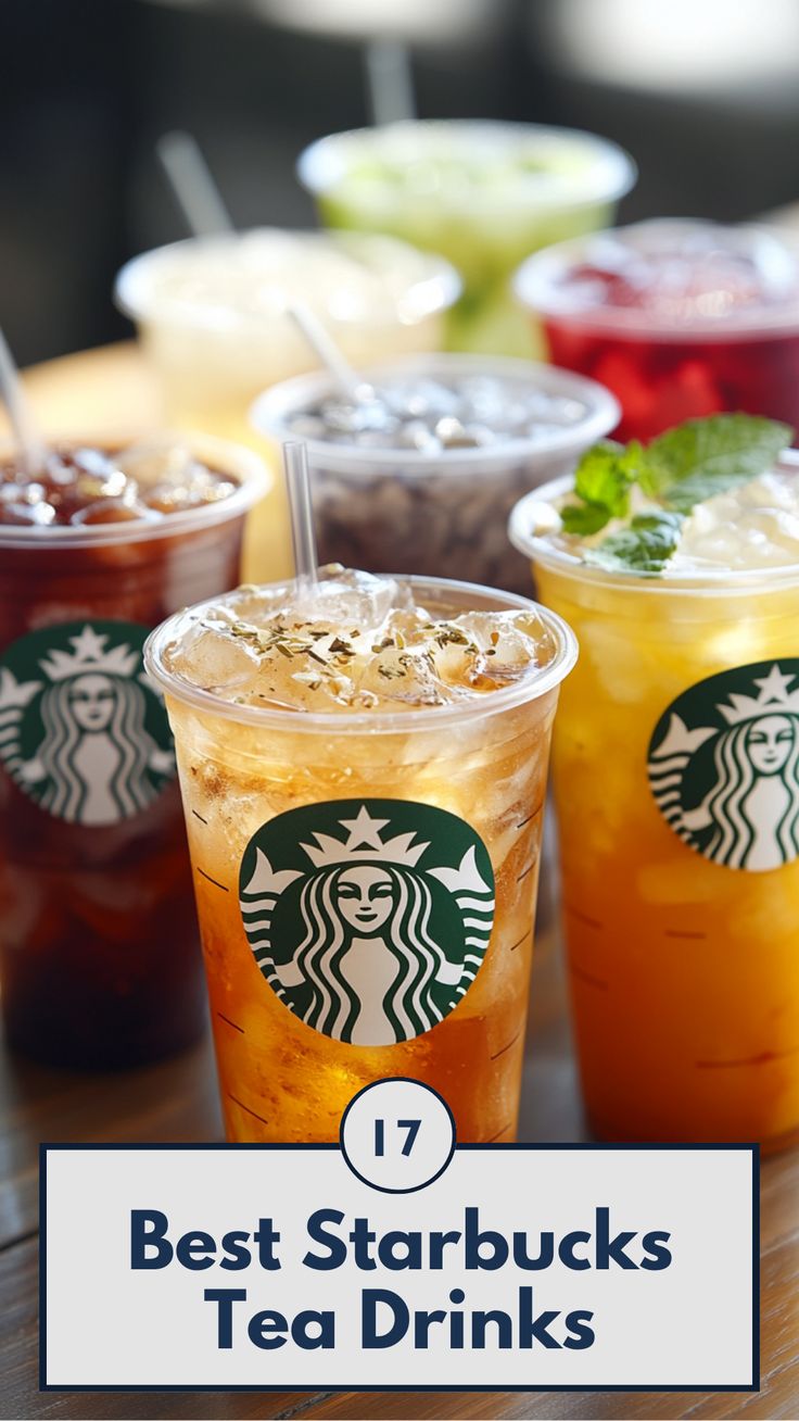 A collection of Starbucks tea drinks, including iced and hot varieties, presented with vibrant colors and refreshing ingredients. Healthy Starbucks Tea Drinks, Starbucks Inspo Drinks, Starbucks Teas Recipes, Starbucks Herbal Tea Drinks, Starbucks Drinks Teas, Iced Black Tea Starbucks Orders, Starbucks Cold Tea Drinks, Green Tea Drinks At Starbucks, Hot Teas From Starbucks