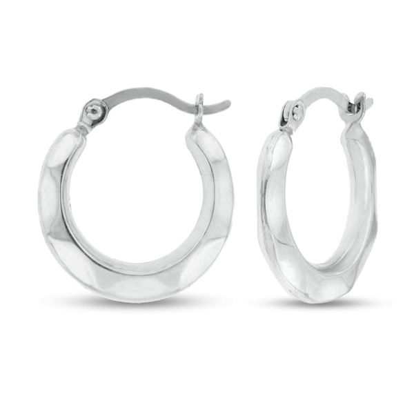 These unique hoop earrings make a subtle statement to any outfit. The hoop earrings are made of 14K white gold and secure with hinged backs. Everyday Small Hoop Hinged Earrings, Everyday Small Hoop Hinged Jewelry, Formal Small Hoop Earrings, Formal Hinged Hoop Huggie Earrings, Formal Huggie Earrings With Lever Back, Formal Small Hoop Huggie Earrings With Lever Back, Modern Diamond Cut Hoop Earrings For Formal Occasions, Formal White Gold Hoop Earrings, Tarnish Resistant, Everyday Hoop Earrings With Hinged Closure