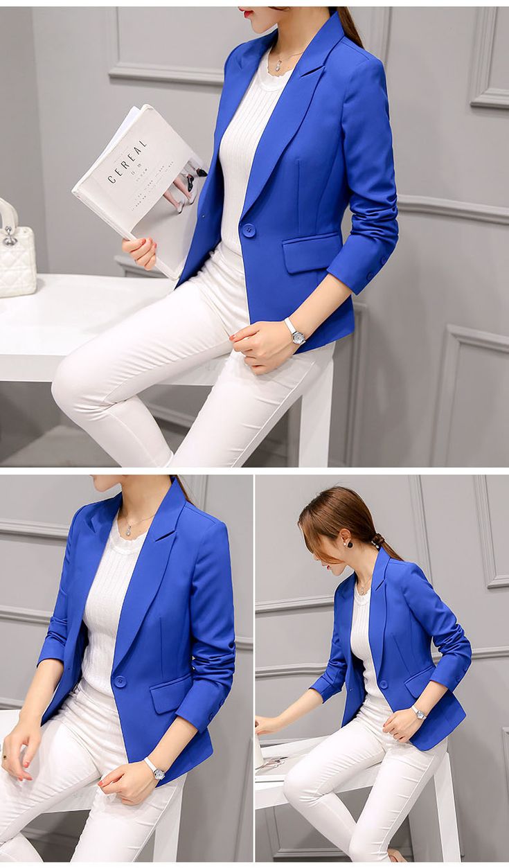 Elegant Blue Blazer Coat Blue Blazers For Women Outfits, Blue Blazer Outfits For Women Formal, Bright Blue Blazer Outfits For Women, Blazer Outfits For Women 2023, Elegant Solid Color Outerwear For Office, Spring Blue Office Lady Blazer, Blue Solid Color Blazer For Office, Spring Office Lady Blue Blazer, Blue Office Blazer Solid Color