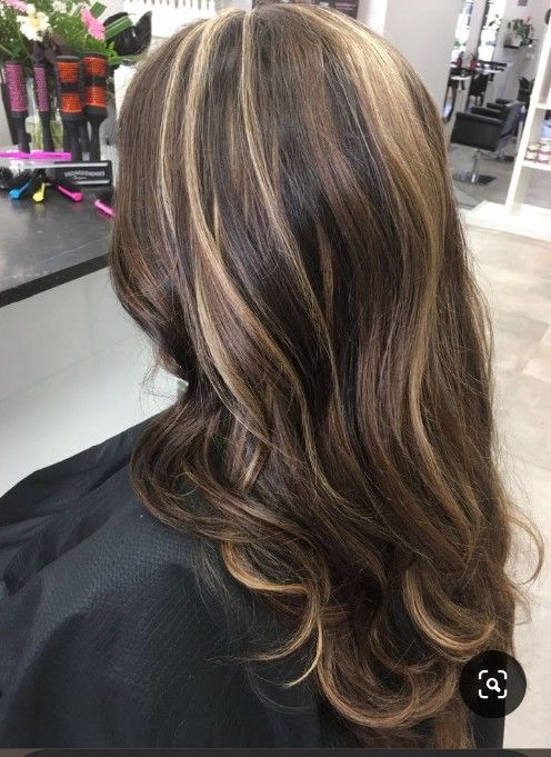 Highlight Patterns For Hair, Brown W Blonde Highlights, Subtle Calico Hair, Blonde Highlights On Dark Hair, Brown Hair Looks, Hair Inspiration Long, Brown Hair Inspo, Brunette Hair With Highlights, Dark Hair With Highlights