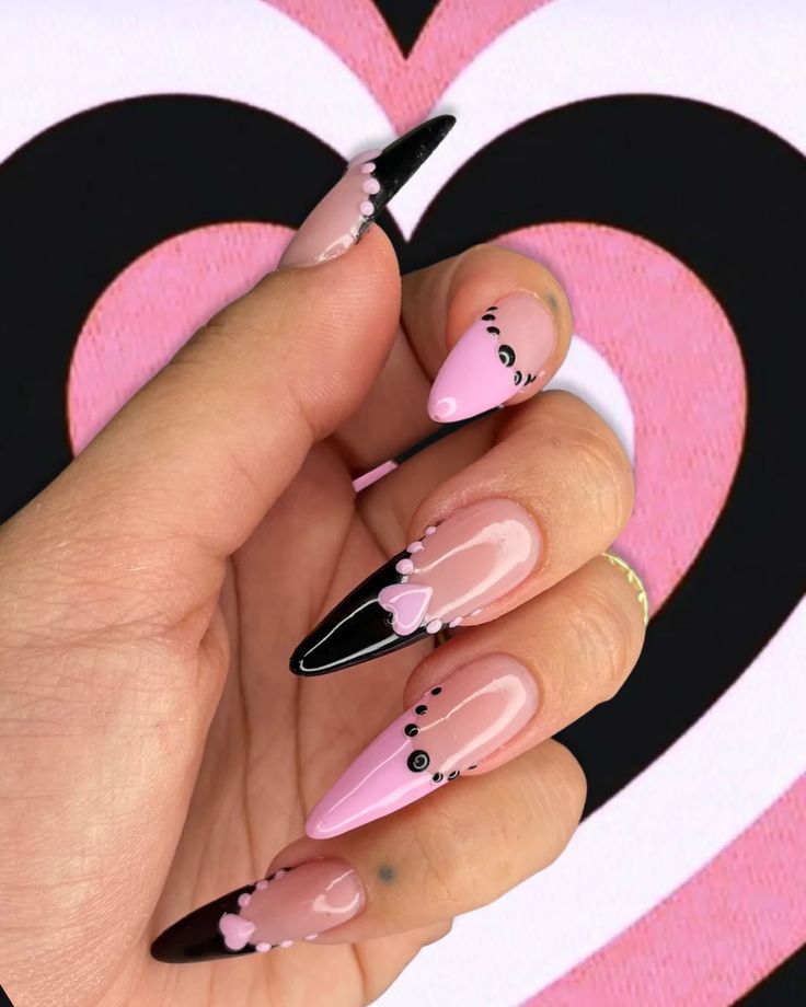 Colorful Stiletto Nails, Spooky Valentines Nails, Pink And Black Stiletto Nails, Pink And Black Nails Acrylic, Gothic Valentines Nails, Pink Goth Nails, Pink And Black Nail Art, Nails Black And Pink, Medium Stiletto Nails