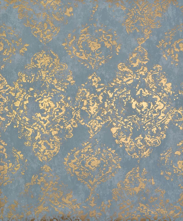 a blue and gold wallpaper with an ornate design on the bottom half of it