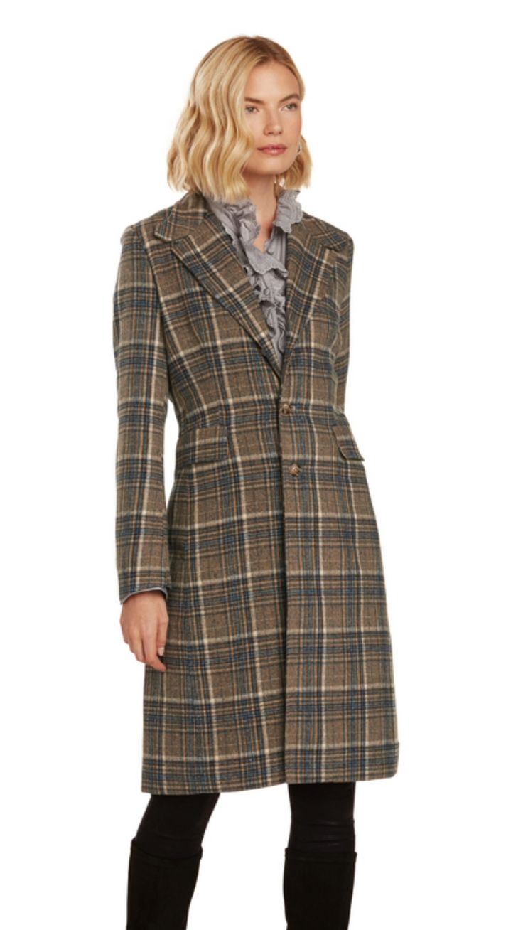 EMILIA PLAID COAT Formal Single Breasted Plaid Outerwear, Formal Plaid Single-breasted Outerwear, Formal Single-breasted Plaid Outerwear, Single-breasted Tweed Button-up Outerwear, Fitted Tweed Pea Coat For Fall, Tailored Tweed Long Coat, Wool Plaid Blazer With Hidden Button Closure, Tweed Notch Lapel Outerwear For Office, Tweed Outerwear With Notch Lapel For Office