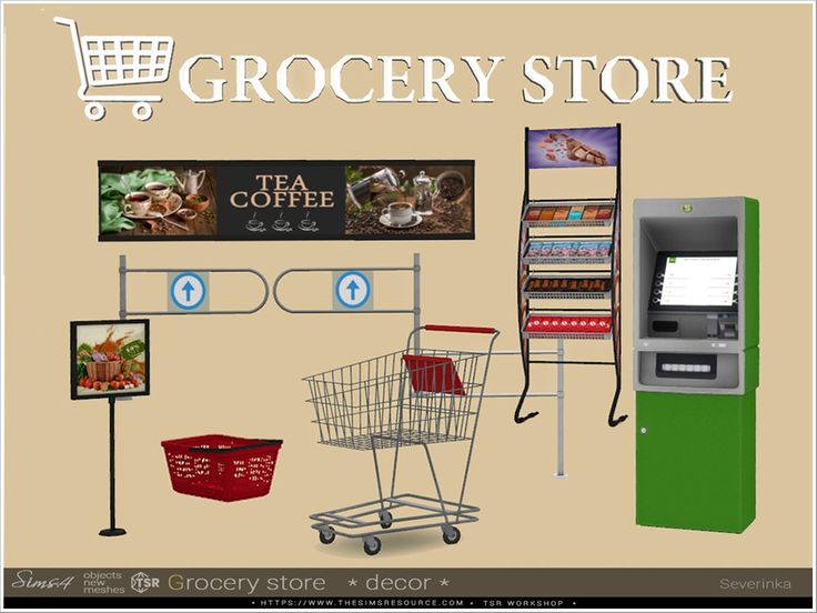 the grocery store has an atm machine, shopping cart, and other items for sale