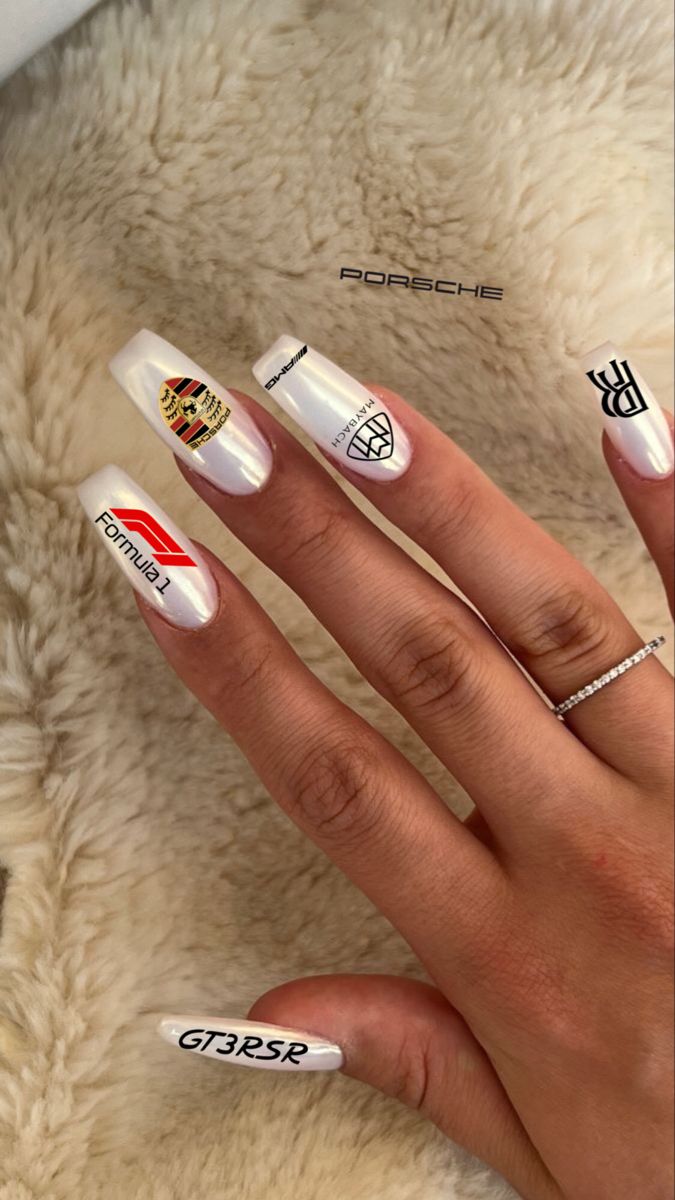 Car Theme Nails, Kawasaki Nails, Car Nail Designs, Car Inspired Nails, Car Themed Nails, Nails Motorcycle, Porsche Nails, Formula One Nails, F1 Nail Art