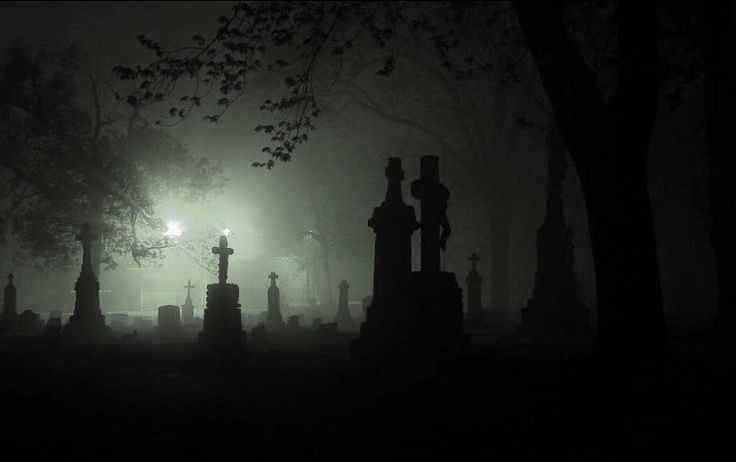 a cemetery in the fog at night