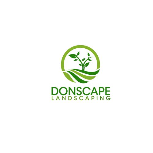 the logo for landscaping company, donscape landscaping is green and has leaves growing out of it