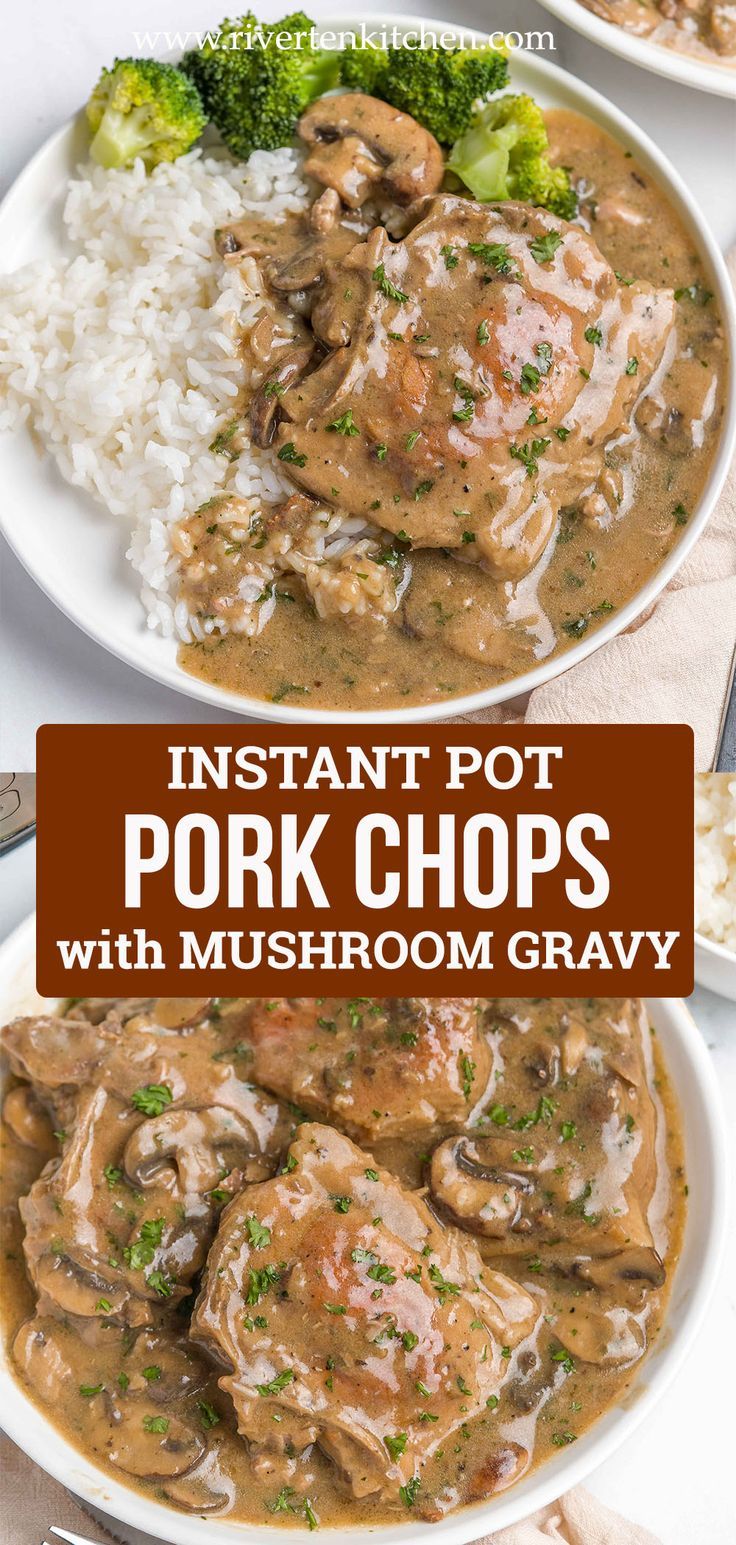 Pork chops with cream of mushroom soup gravy cooked in Instant Pot pressure cooker. Instant Pot Pork Chops With Cream Of Mushroom Soup, Pressure Cooker Pork Chops Bone In, Insta Pot Pork Chops Boneless, Instant Pot Pork Chops Bone In, Boneless Pork Chops Instant Pot, Smothered Pork Chops Instant Pot, Pork Chop Instant Pot Recipes, Party Food Salad, Pork Chops With Mushroom Soup