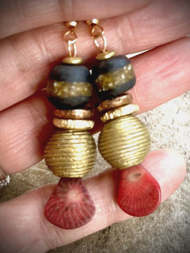 Tribal Boho Earrings Red Coral Ghanaian Ethnic Glass African Trade Beads | eBay Artisan Red Earrings With Dangling Beads, Unique Brass Beaded Earrings With Round Beads, Traditional Gold Beaded Earrings As Gift, Traditional Wooden Beads Dangle Jewelry, Artisan Red Beaded Earrings, Artisan Red Beaded Earrings With Dangling Beads, Traditional Dangle Jewelry With Wooden Beads, Gold Bohemian Earrings With Wooden Beads, Gold Large Beaded Bohemian Earrings