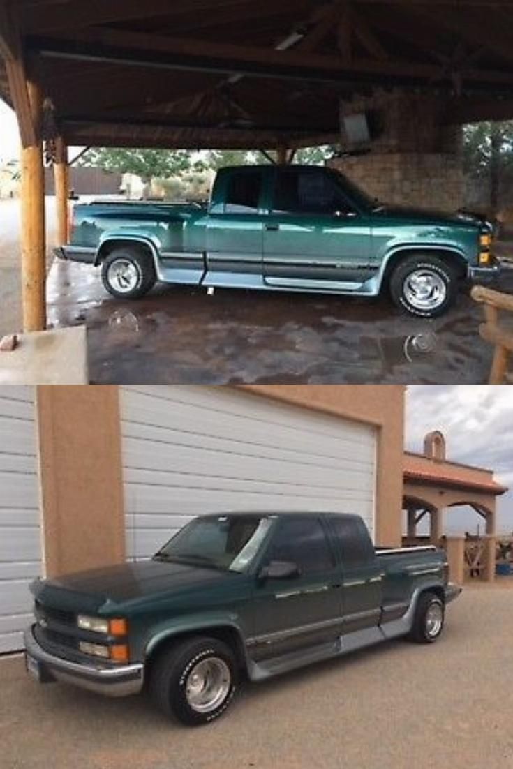 there are two pictures of the same truck in this photo, one is green and the other is blue