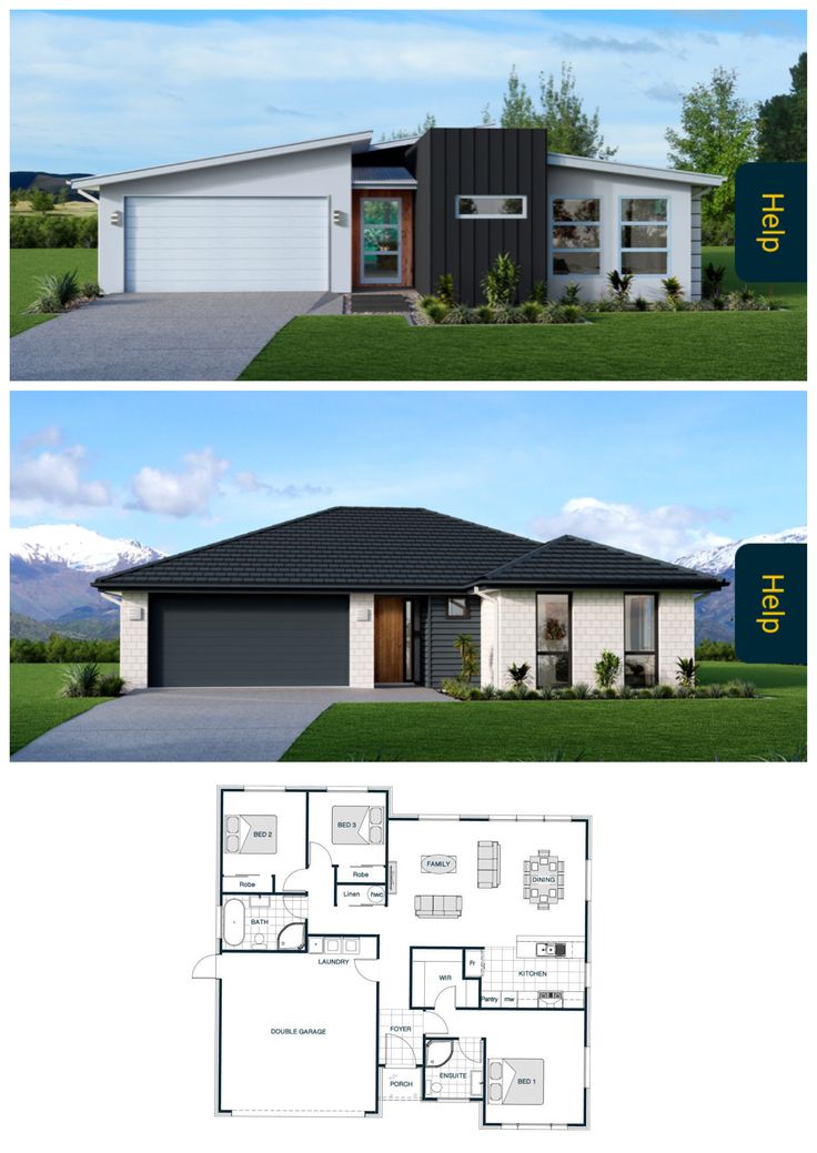 two story house plans with garage and living room in the front, one bedroom on the second