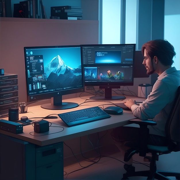 a man sitting in front of two computer monitors