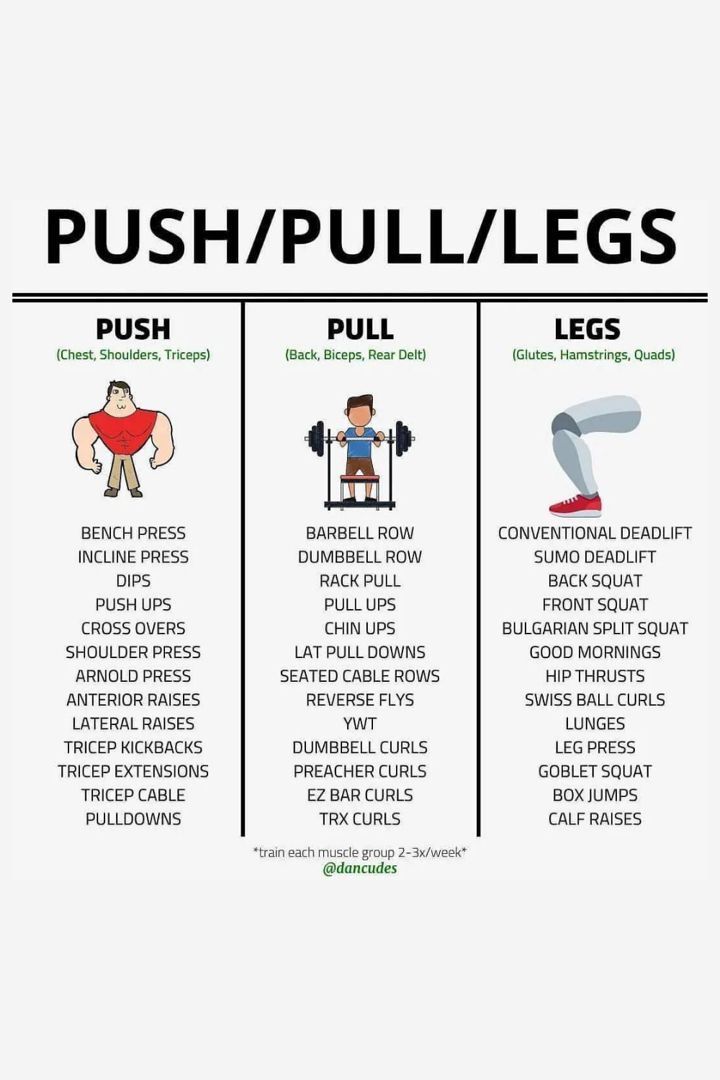 a poster with the words push / pullies and an image of a man doing exercises