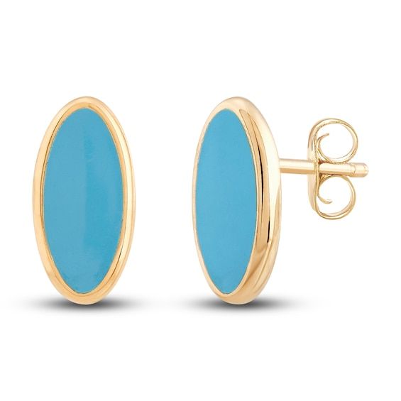 Elegant oval-shaped studs are embellished with distinctive turquoise-blue enamel in these spectacular women's stud earrings. 14K Yellow Gold Secures with friction backs. From the Italia D'Oro Collection Exclusively available from Jared® the Galleria of Jewelry. Oval Stud Earrings, Jared The Galleria Of Jewelry, Womens Earrings Studs, Pinterest Closet, Earrings Blue, Turquoise Blue, Fashion Earrings, Cufflinks, Yellow Gold