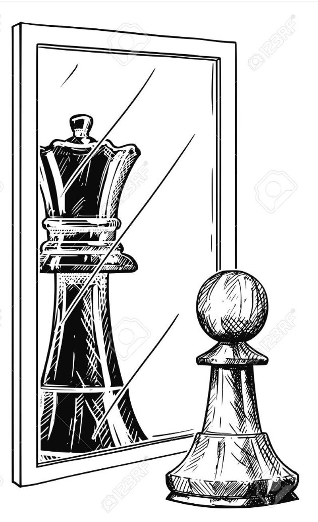 a black and white drawing of a chess piece in front of a mirror, with the reflection