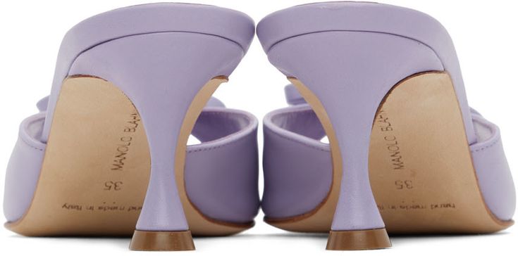 Buffed leather heeled sandals in purple. · Bow accent at open toe · Perforated leather footbed · Covered kitten heel · Leather sole · Heel: 2.5 in Supplier color: Purple Purple Bow, Leather Heels Sandals, Perforated Leather, Kitten Heel, Heeled Sandals, Manolo Blahnik, Luxury Streetwear, Leather Heels, Color Purple