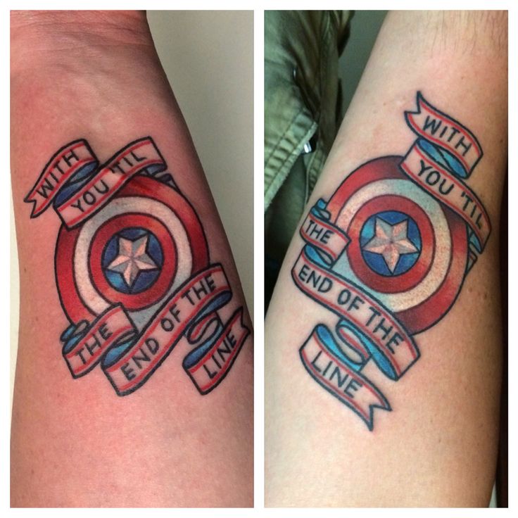 two tattoos with the words end of the line and captain america shield on their arms