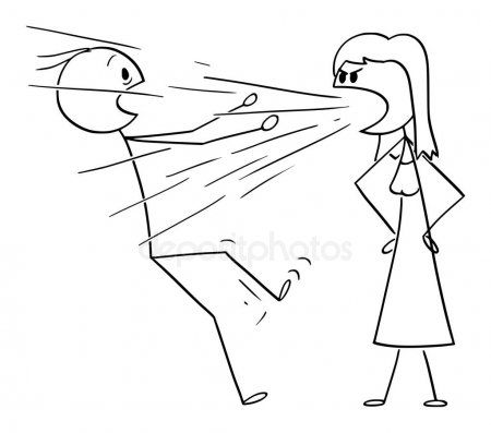 a cartoon drawing of a woman yelling at a man with his head in the air