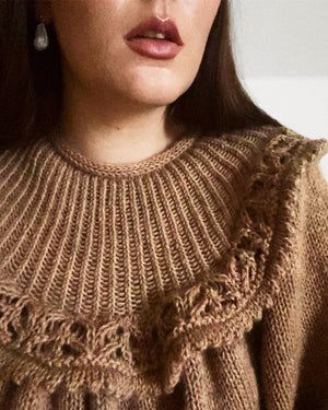 a close up of a woman wearing a sweater