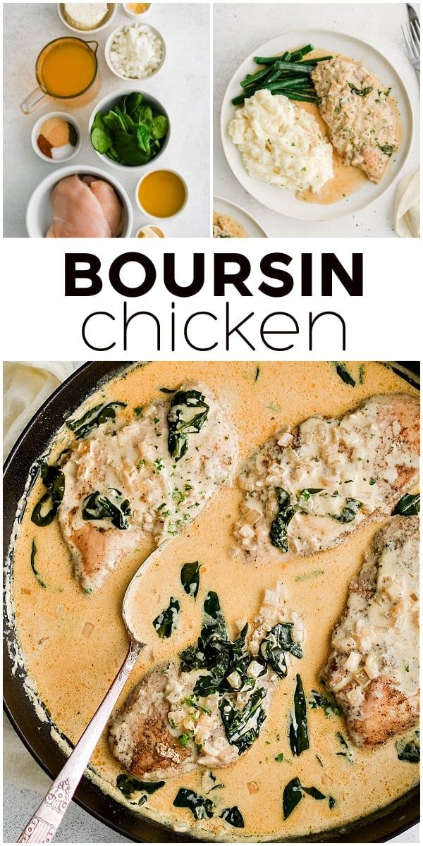 this is a collage of photos with chicken and spinach in gravy