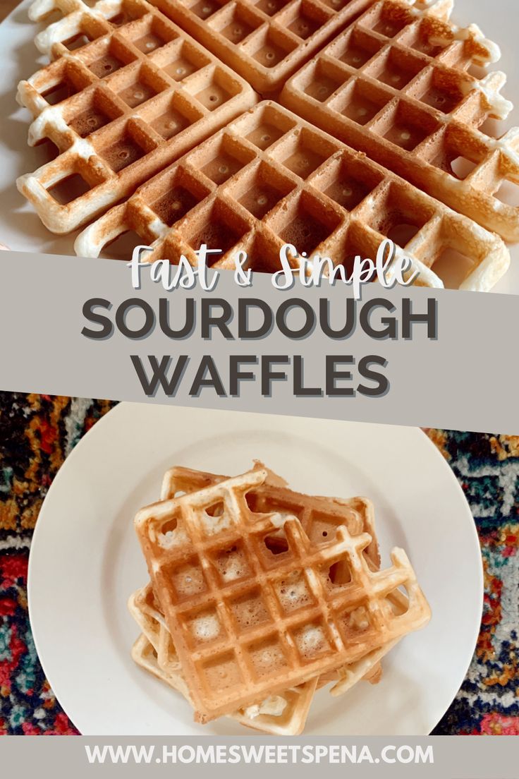 two plates with waffles on them and the words fast and simple sourdough waffles