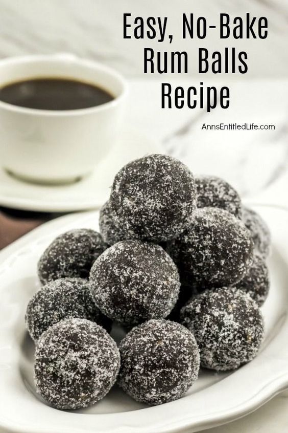 no bake rum balls recipe on a white plate with coffee and saucer in the background