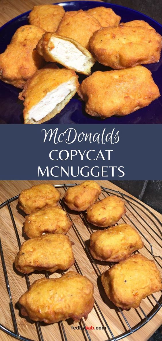 some fried food is on a blue plate and the words mcdonald's copycat mcnuggets are above it