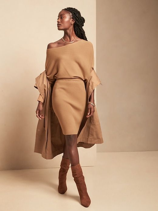 Off-shoulder dress Monochromatic Outfit, Off Shoulder Sweater, Skirt Long, Knit Stitch, Banana Republic Dress, Business Casual Outfits, Shoulder Sweater, Winter Dresses, Boat Neck