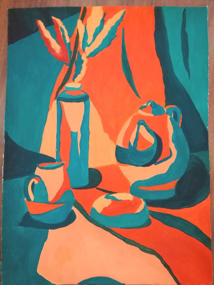 a painting of teal and orange on a table