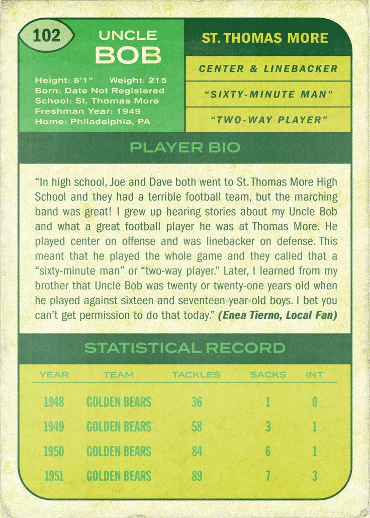 the back side of a football card with an image of a player's name on it