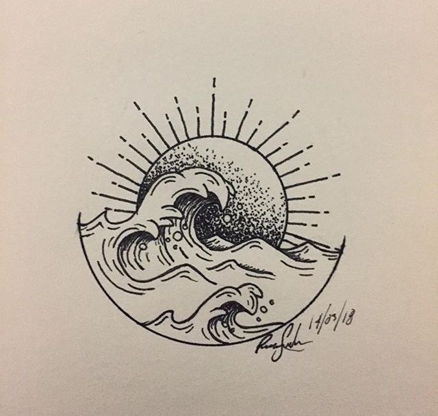 an ink drawing of a wave in the ocean with sun and stars above it on white paper