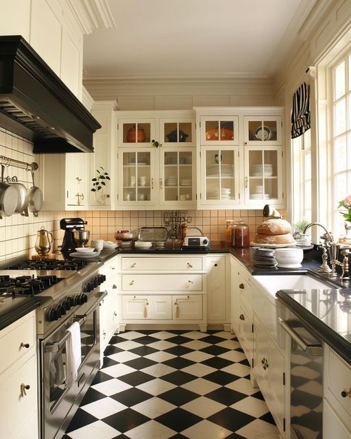 a black and white checkered floor in a kitchen with lots of cupboards on the wall