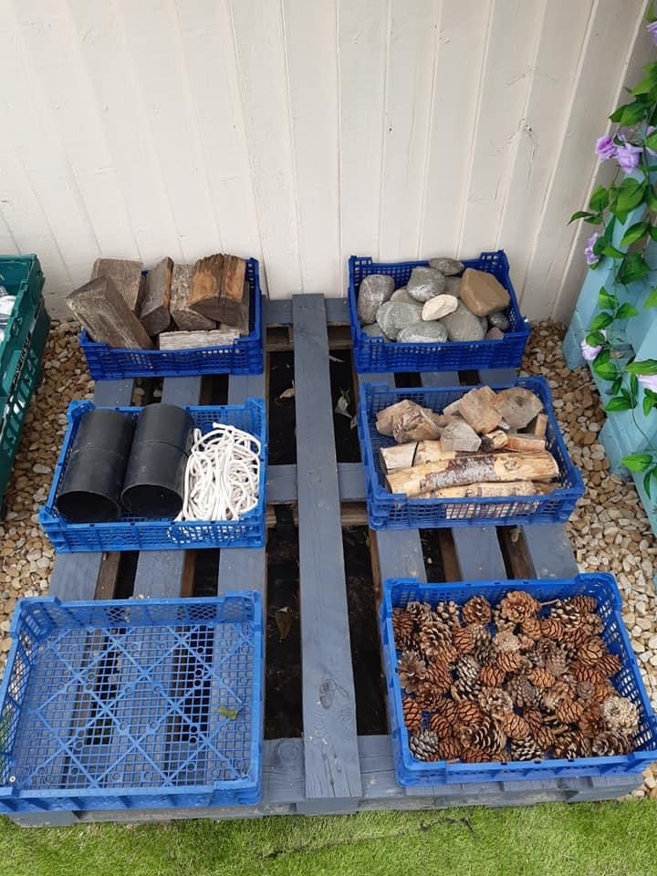 several crates filled with different types of pine cones and other things sitting on the ground