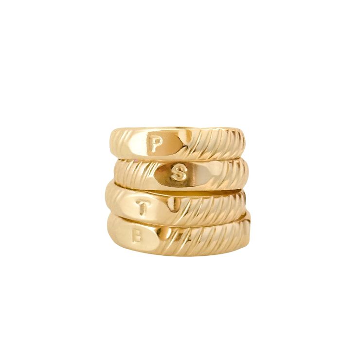 Our Initial Signet Ring is your everyday wearable gold ring with a personal touch. Designed with a 3 mm band and hand-stamped initial. Wear your own initial or someone you love! Create a stack of two together with our simple gold band in between.  Handmade in 14k gold fill to withstand daily wear time after time.  D E T A I L S: Handmade to order 14k gold filled  Band width: 3 mm width  Please note this ring is handmade and may have a visible solder joint in the back / side of band. Joints are totally normal in gold filled rings and are highly polished for minimal visibility. It will not be visible from the top of hand. ABOUT GOLD FILL: When buying jewelry, quality is everything. Invest a little more in your jewelry to ensure it lasts. Gold fill is the best alternative to solid gold and wi Simple Gold Band, Gold Filled Ring, Personalized Gifts For Her, Rings For Women, Gold Band, Buying Jewelry, Signet Ring, Stacking Rings, Custom Rings