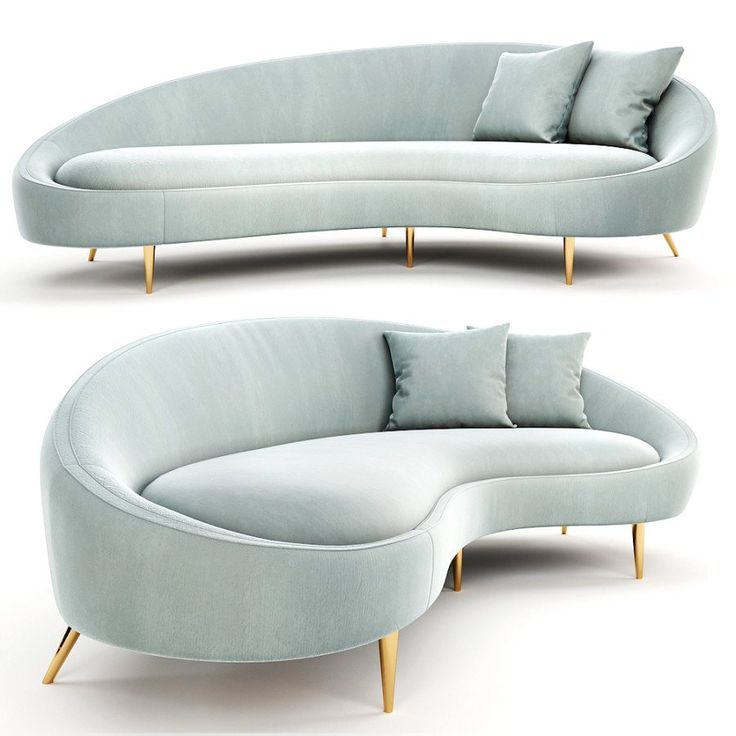 the curved couch has two pillows on it and is light blue with gold trimmings