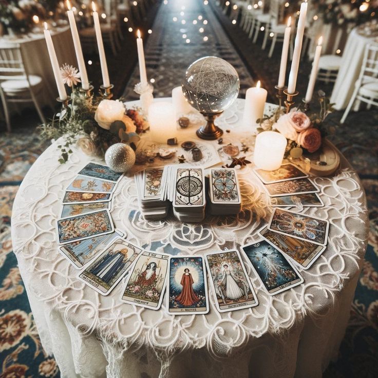 a table topped with tarot cards and candles