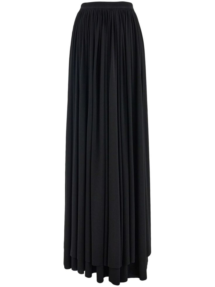 black stretch-jersey high-waisted gathered detailing concealed rear zip fastening ankle-length Ruched Maxi Skirt For Formal Occasions, Elegant Black Draped Bottoms, Black Draped Flowy Skirt, Black Flowy Draped Skirt, Black Draped Bottoms For Evening, Ruched Draped Maxi Skirt For Evening, Evening Draped Ruched Maxi Skirt, Black Ruched Bottoms For Evening, Chic Black Draped Maxi Skirt