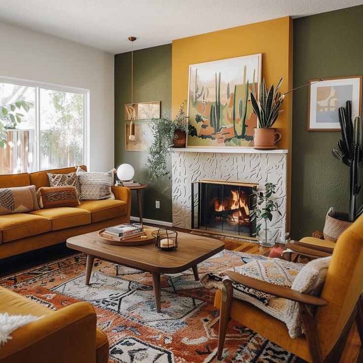 a living room filled with furniture and a fire place in the middle of the room