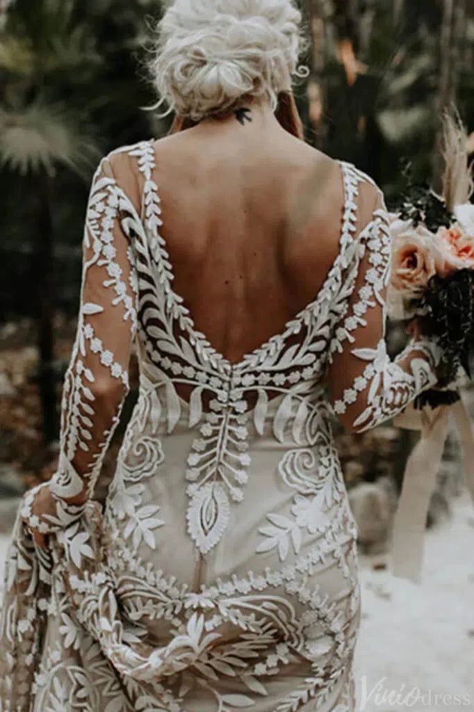 Long Sleeve Nude Boho Wedding Dresses Sheath Lace Bohemian Bridal Gown – Viniodress